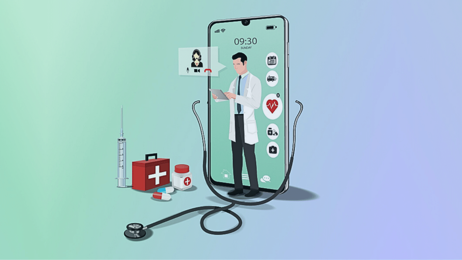 illustration of telehealth on mobile phone for mhealth app dev